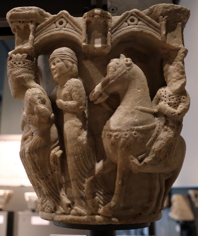 Capital featuring biblical scenes (Absalom on horseback and the Queen of Sheba)